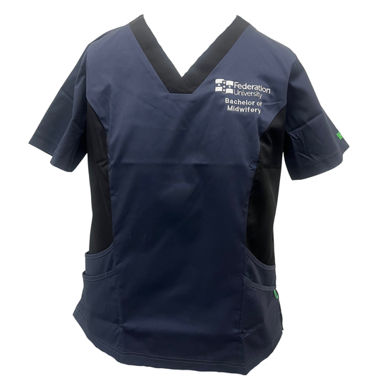 V Neck Scrub Top, Unisex | Charcoal, BACHELOR OF MIDWIFERY